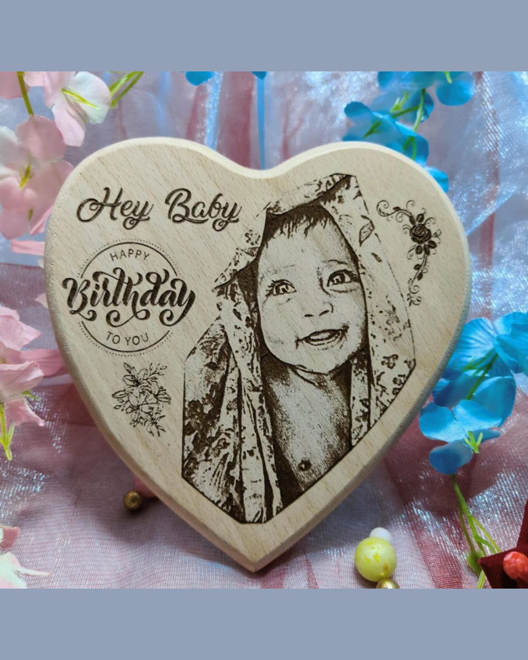 Double Heart Wooden Engraved Photo