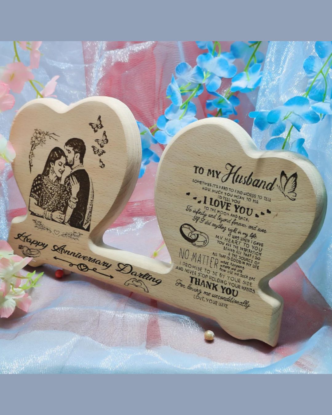 Double Heart Wooden Engraved Photo