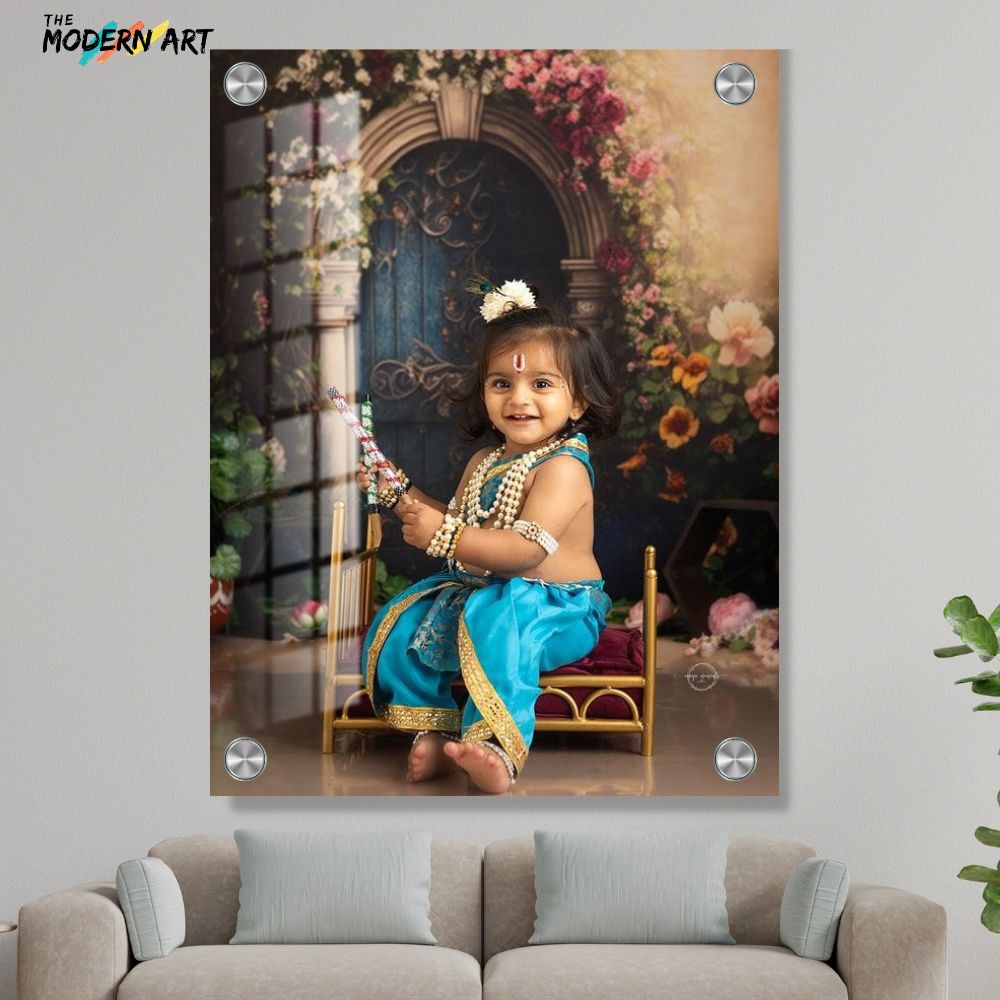 Custom Digital Acrylic Glass Photo – Baby Krishna Janmashtami Theme – Child Portrait Print for Home Décor & Gifting