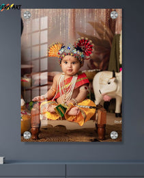 Custom Digital Acrylic Glass Photo – Baby Krishna Janmashtami Theme – Child Portrait Print for Home Décor & Gifting