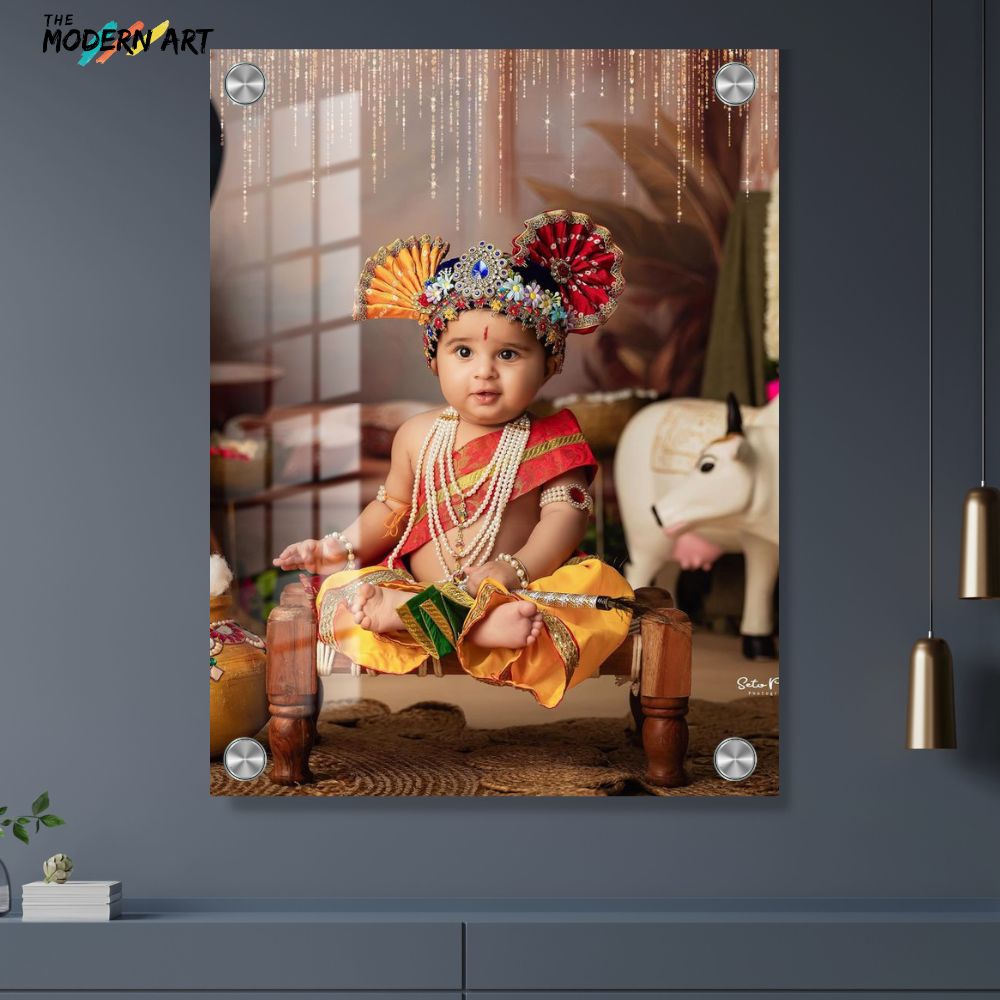 Custom Digital Acrylic Glass Photo – Baby Krishna Janmashtami Theme – Child Portrait Print for Home Décor & Gifting