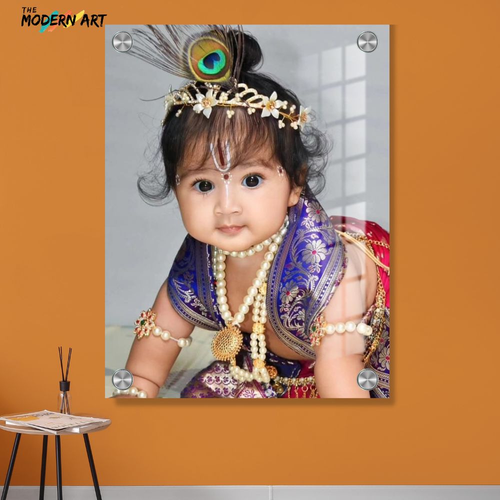 Custom Digital Acrylic Glass Photo – Baby Krishna Janmashtami Theme – Child Portrait Print for Home Décor & Gifting