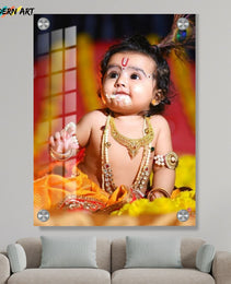 Custom Digital Acrylic Glass Photo – Baby Krishna Janmashtami Theme – Child Portrait Print for Home Décor & Gifting