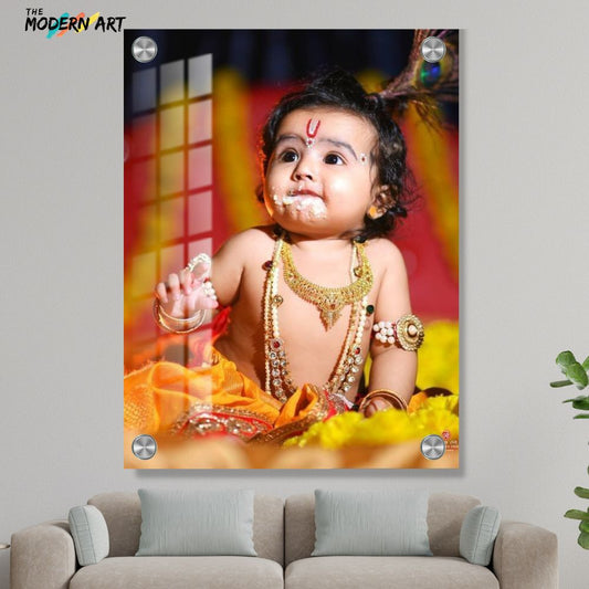 Custom Digital Acrylic Glass Photo – Baby Krishna Janmashtami Theme – Child Portrait Print for Home Décor & Gifting