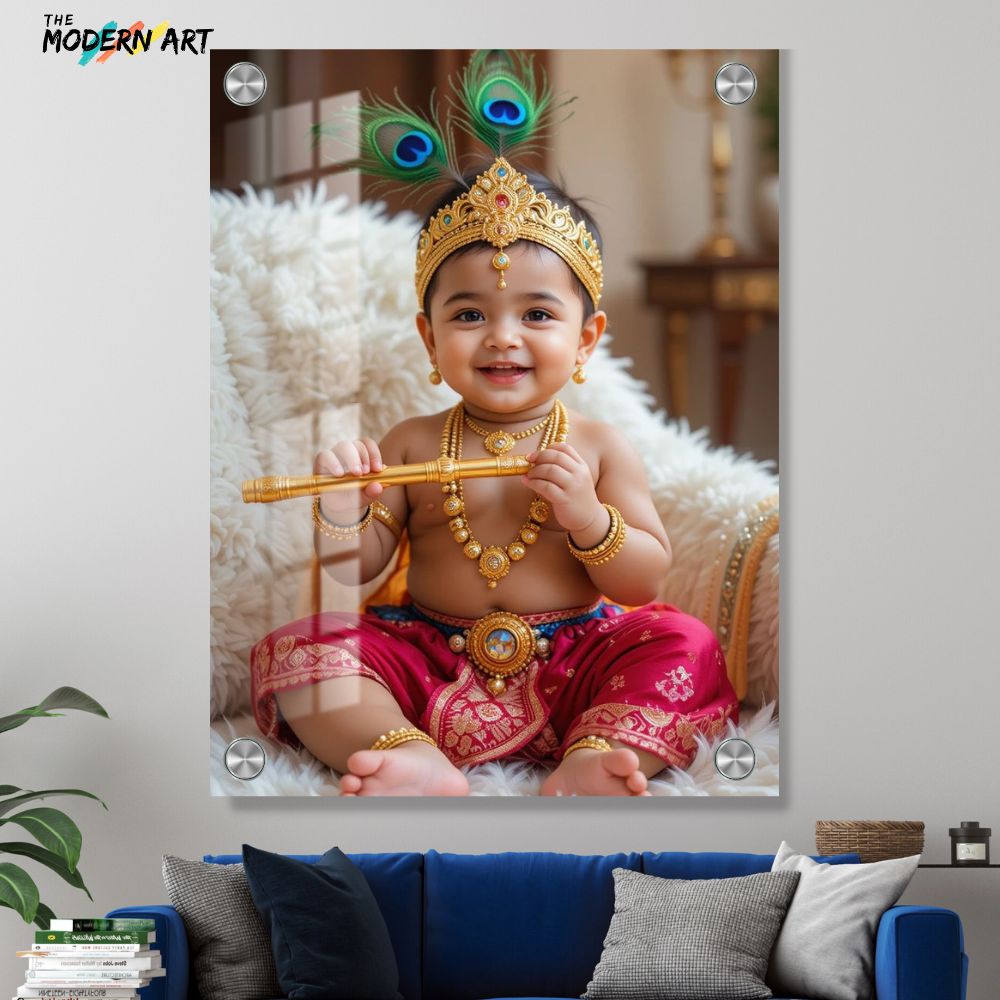Custom Digital Acrylic Glass Photo – Baby Krishna Janmashtami Theme – Child Portrait Print for Home Décor & Gifting