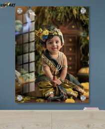 Custom Digital Acrylic Glass Photo – Baby Krishna Janmashtami Theme – Child Portrait Print for Home Décor & Gifting