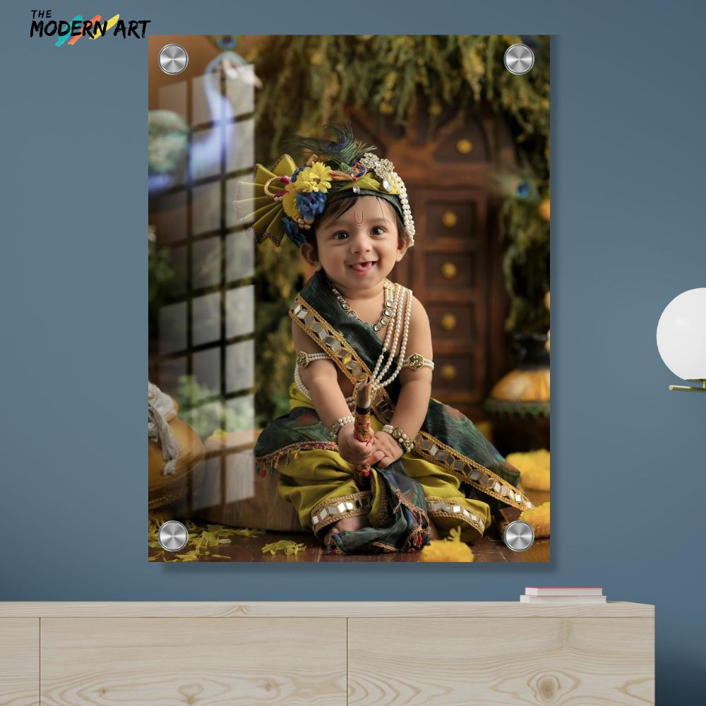 Custom Digital Acrylic Glass Photo – Baby Krishna Janmashtami Theme – Child Portrait Print for Home Décor & Gifting