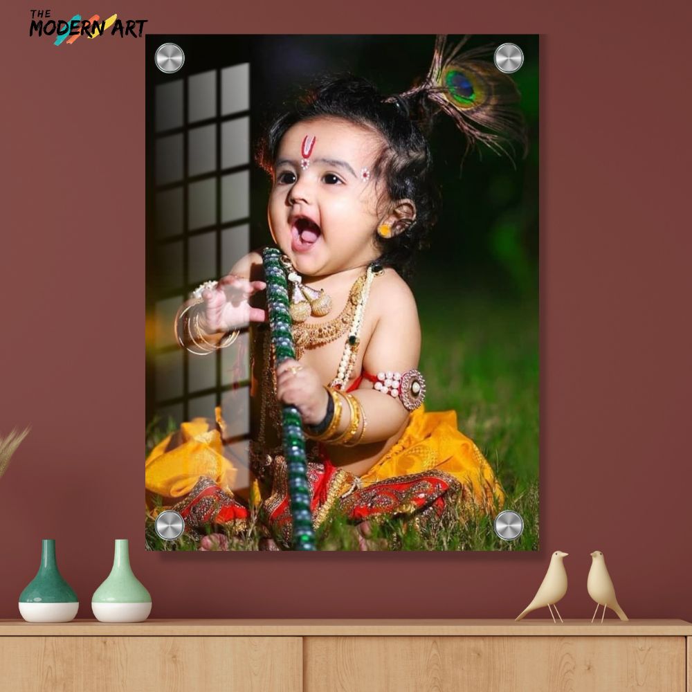 Custom Digital Acrylic Glass Photo – Baby Krishna Janmashtami Theme – Child Portrait Print for Home Décor & Gifting