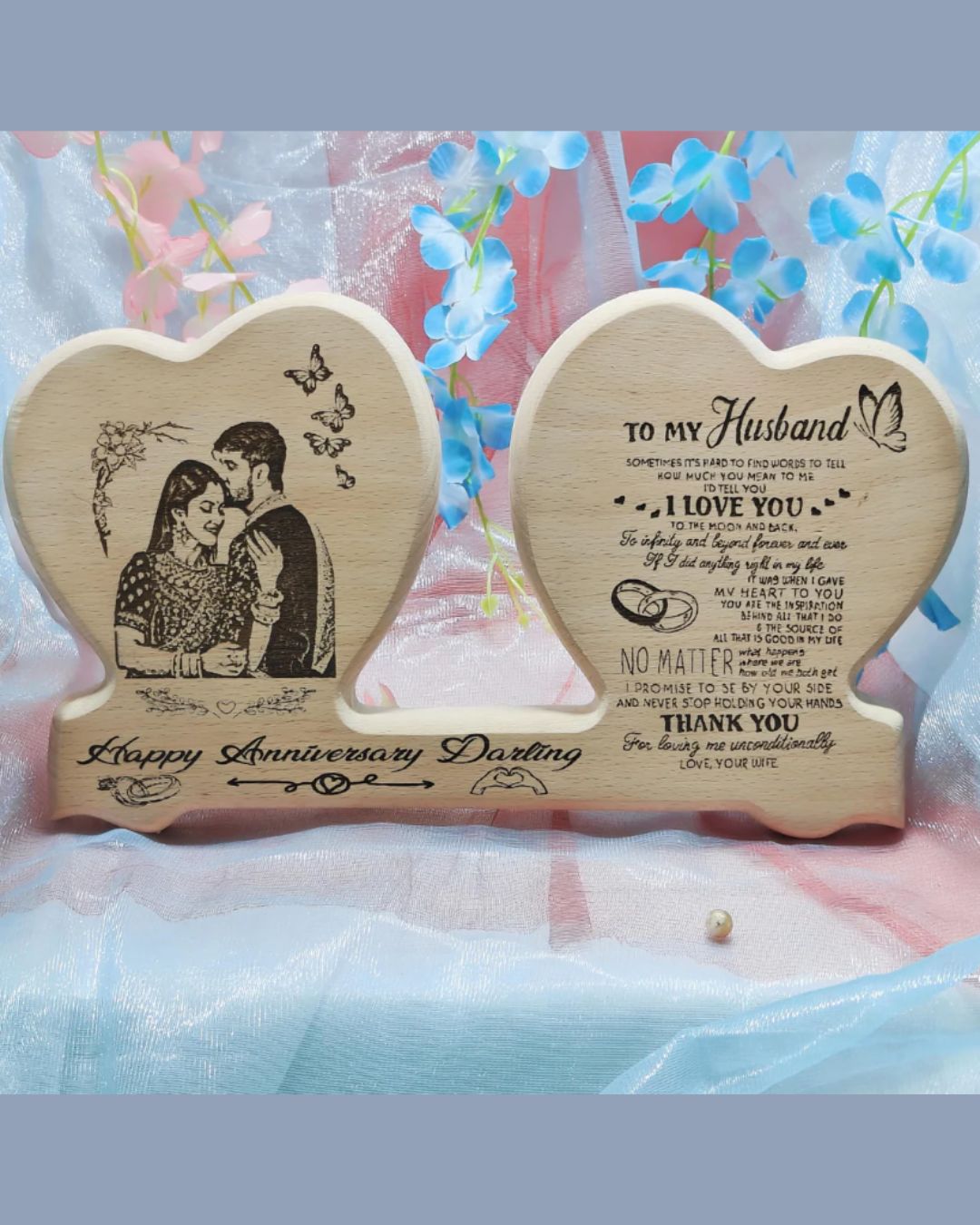 Double Heart Wooden Engraved Photo